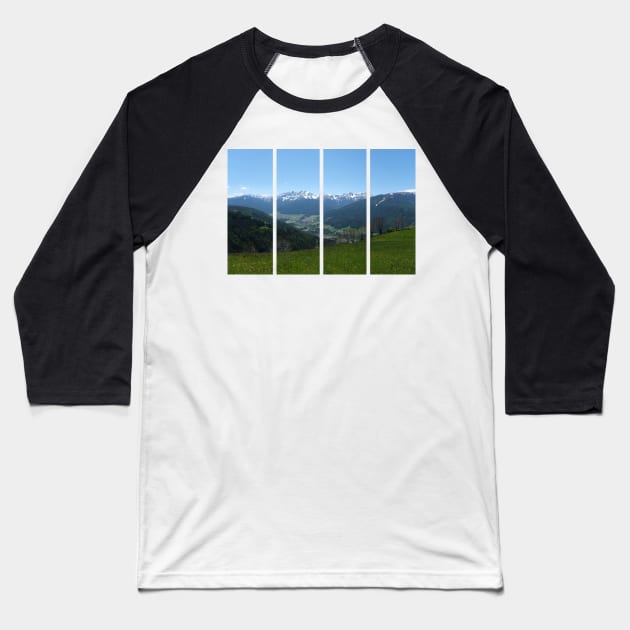 A great view of the Dolomites from a hill over the valley in South Tyrol. Lovely and relaxing place in the Italian Alps. Flowering fields and snowed mountains.. Sunny spring day. Baseball T-Shirt by fabbroni-art